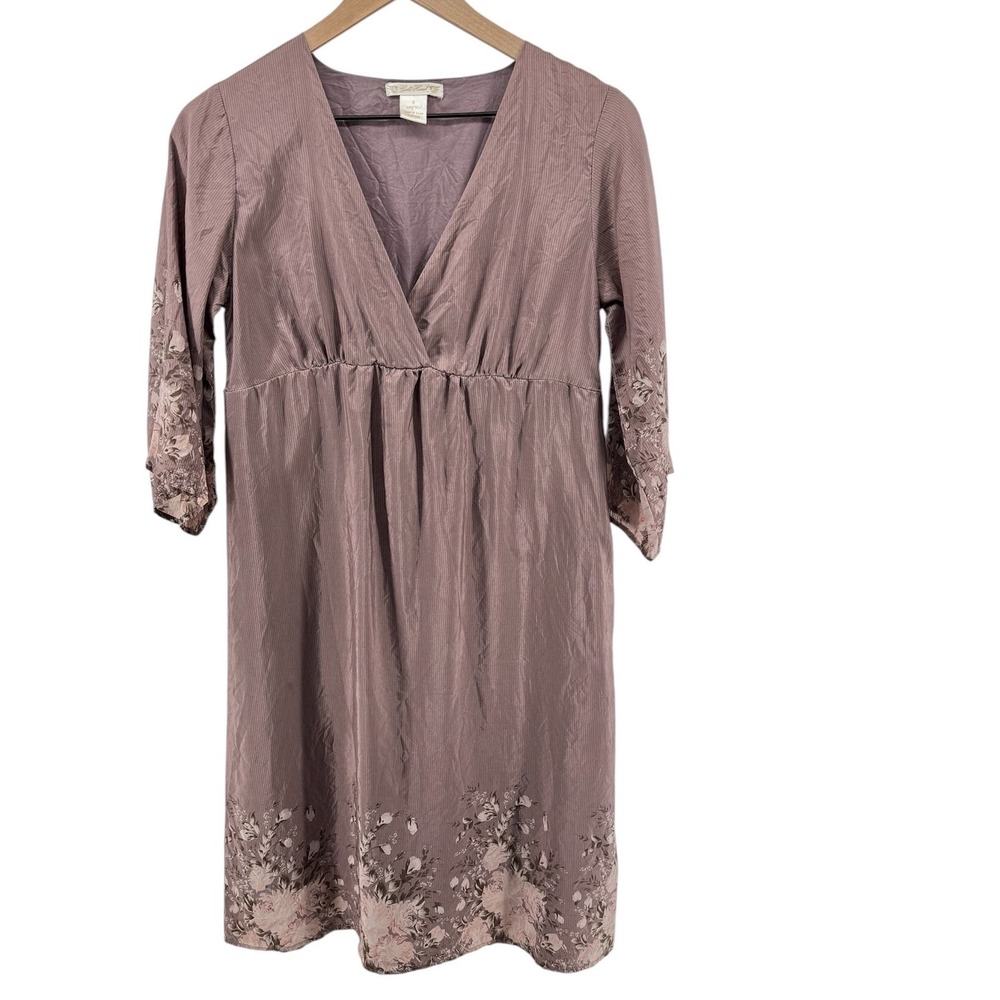 Gold Hawk Silk Dress Womens Small Mauve Floral Empire Waist Boho V-Neck Chic